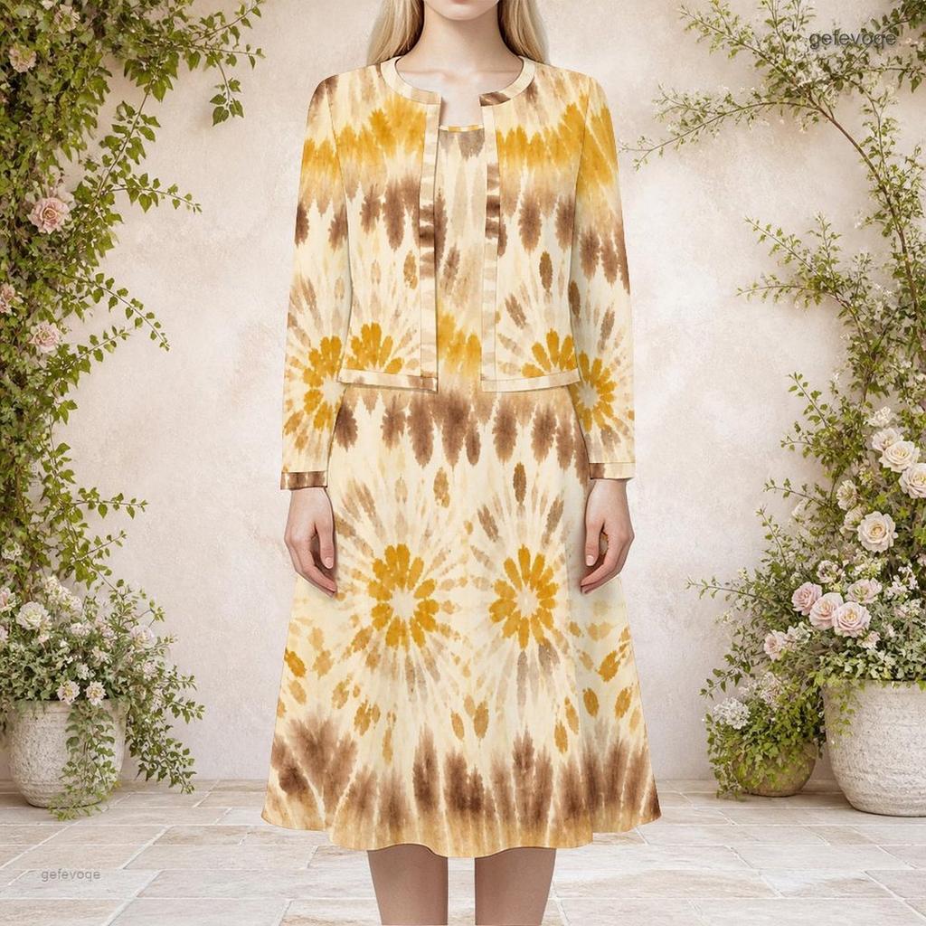 Women Plus Size Abstract Printed Two Piece Set Round Neck Long Sleeve Cropped Cardigan Sleeveless Midi Dress