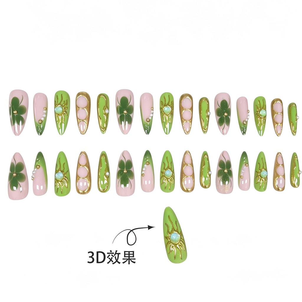 30 Pieces Of Manicure Fresh Green 3D Three-Dimensional Relief Pearl Glitter Long Tip Nail Wearing Nail