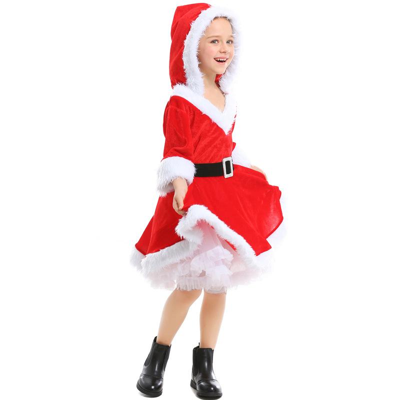 Kids Girls Santa Claus Xmas Red Hooded Velvet Dress Children Christmas New Year Cosplay Costumes Kindergarten Performance Role Play Outfit