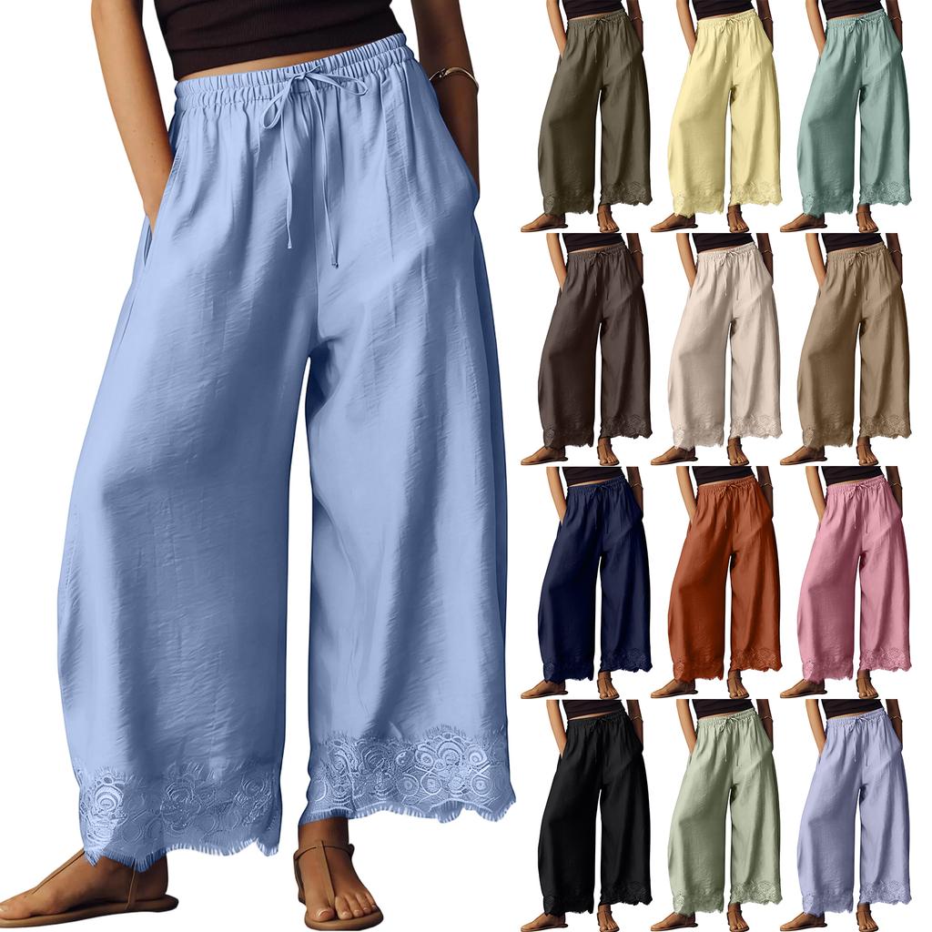Women's Casual Wide Leg Pants Elastic Waistband Drawstring Bottom Hem Lace Trim Palazzo Trousers for Everyday Wear
