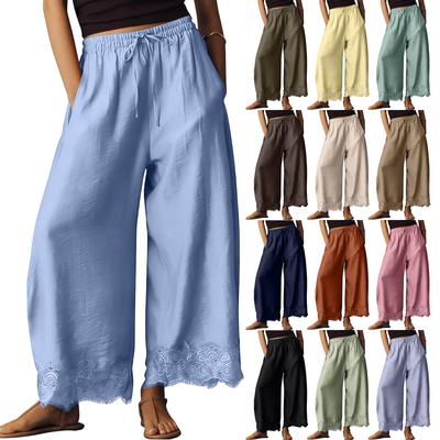 Women's Casual Wide Leg Pants Elastic Waistband Drawstring Bottom Hem Lace Trim Palazzo Trousers for Everyday Wear