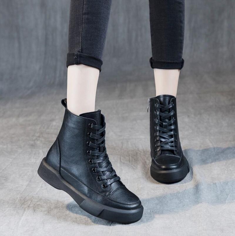 Women Genuine Leather Short Boots Round Toe Genuine Leather Handmade Retro Street Style Winter Warm Flats Ankle Boots