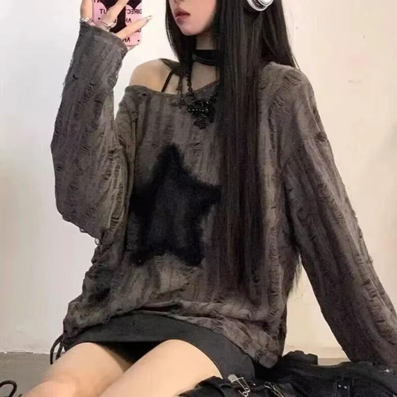 Y2K Hole Star Print T-Shirt Women Fashion Streetwear Off Shoulder Tops Summer Oversized Kpop Long Sleeve Loose Tees Ladies