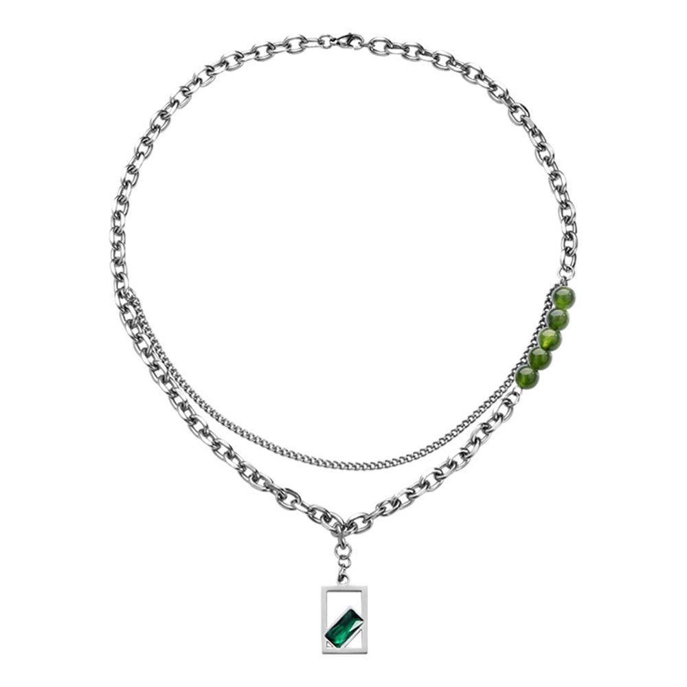 Fashion Double Layer Chain Stainless Steel Male Necklace Green Crystal Pendant Necklace Man Party Jewelry Gift Friends