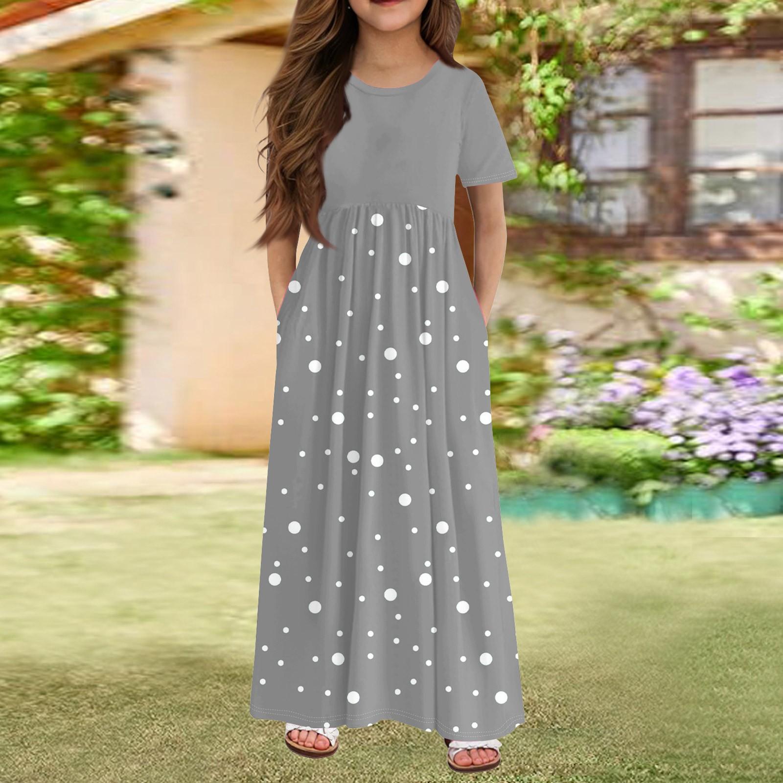 

Длинное летнее платье для девочек - платье макси с короткими рукавами и карманами для детей 4-14 лет 160