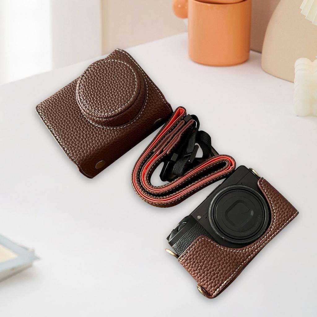 Vintage PU Leather Camera Bag Half Body Protective Cover with Strap for GR IIIx GR III GRIII GR3 Enhanced Grip Soft Lining 1Celsius4 Inch Thread Hole