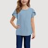 Girls' Cotton Linen Casual Short-Sleeve Top, Solid Color, Round Neck - 2025 Summer Collection