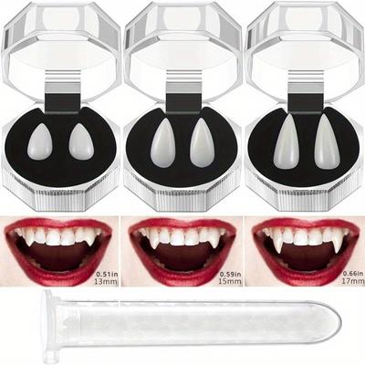 Halloween Fake Teeth Realistic Vampire Fangs Vampire Costume Accessories for Cosplay Props, 3 Pairs 3 Sizes with Adhesive