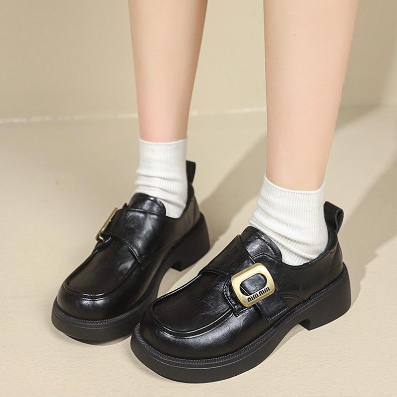 British Style Fashion Simple Loafers Square Buckle Soft Leather Women's Shoes 2025 Spring and Autumn New Height Increase Versatile Casual Shoes