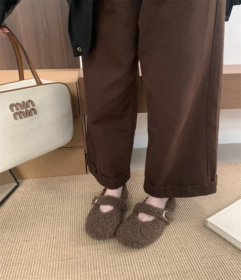 Retro gentle plush and fluffy shoes for women's 2025 autumn and winter new cute with skirt cotton shoes one pedal Doudou shoes