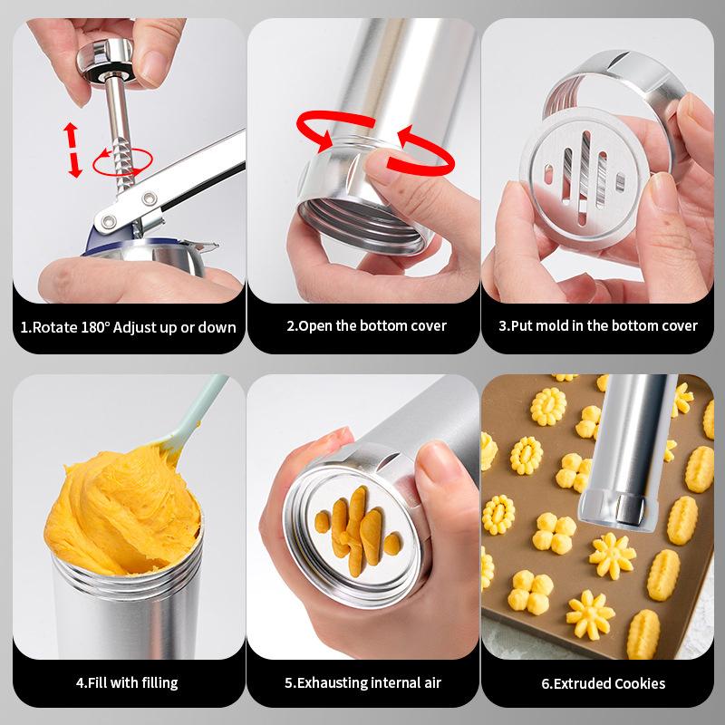 Cookie Press Gun Kit Stainless Steel Biscuit Press Cookie Gun Set with 20 Cookie Discs and 4 Nozzles for DIY Biscuit Maker JT441