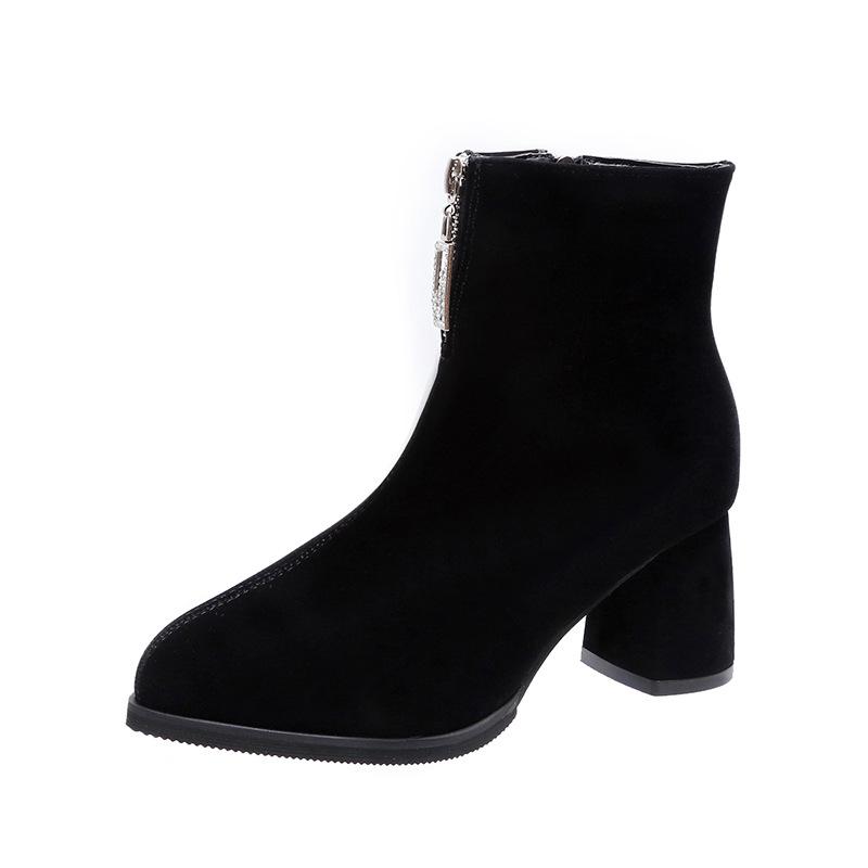 Autumn and winter high heel thick heel round head fashion boots women's metal decorative side zipper short women's boots