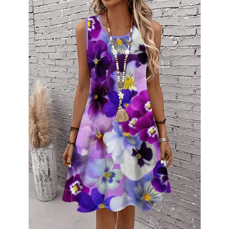 Women's Sleeveless A Line Dress Vibrant Floral 3D Print Dresses Woman Summer Woman Clothing Oversized Y2k Ladies Clothes Tops