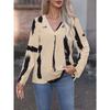 Women Black White Abstract Print V Neck Roll Tab Long Sleeve Casual Blouse