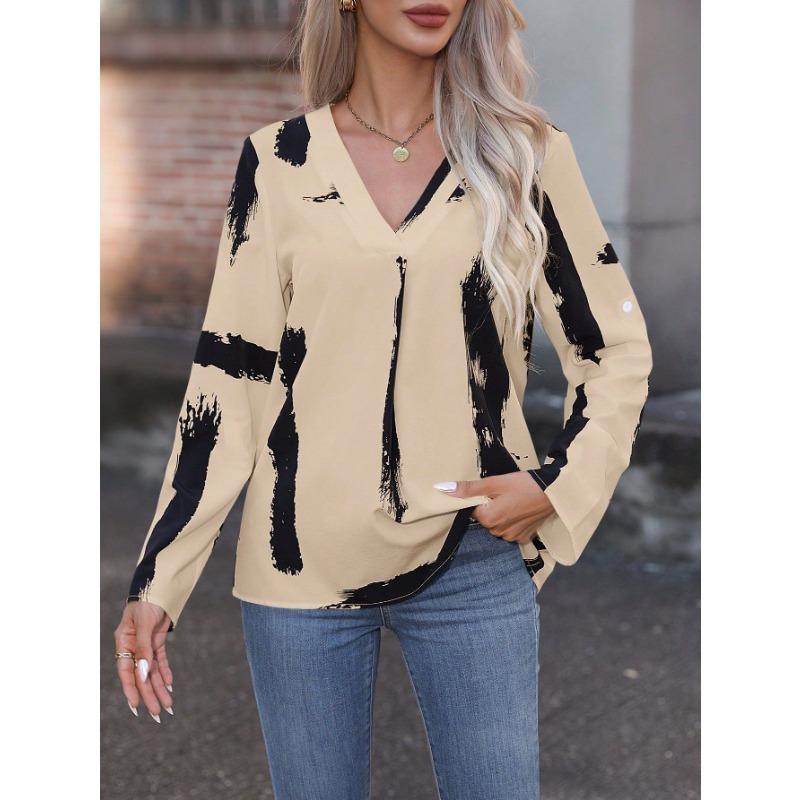 Women Black White Abstract Print V Neck Roll Tab Long Sleeve Casual Blouse