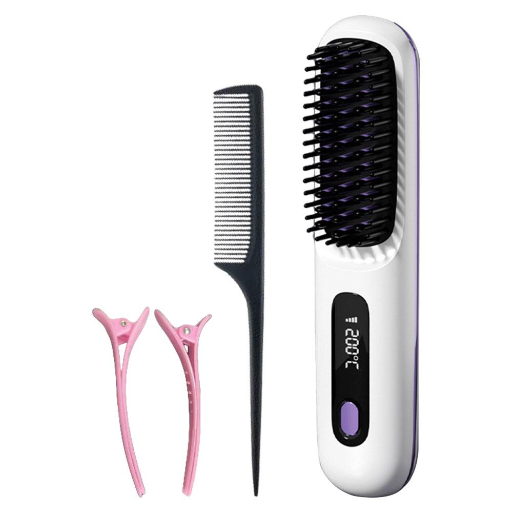 LCD Cordless Hair Straightener Brush Anti-Scald Electric Hot Comb 3 Temp Settings USB Recharing Electric Hair Straightener Comb