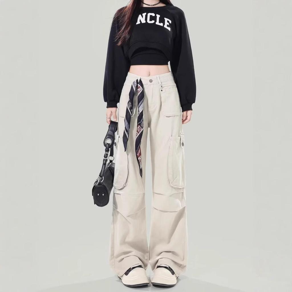 Women's Early Spring Apricot Cargo Jeans: New Design, Multi-Pocket, Loose, Wide-Leg, Floor-Length