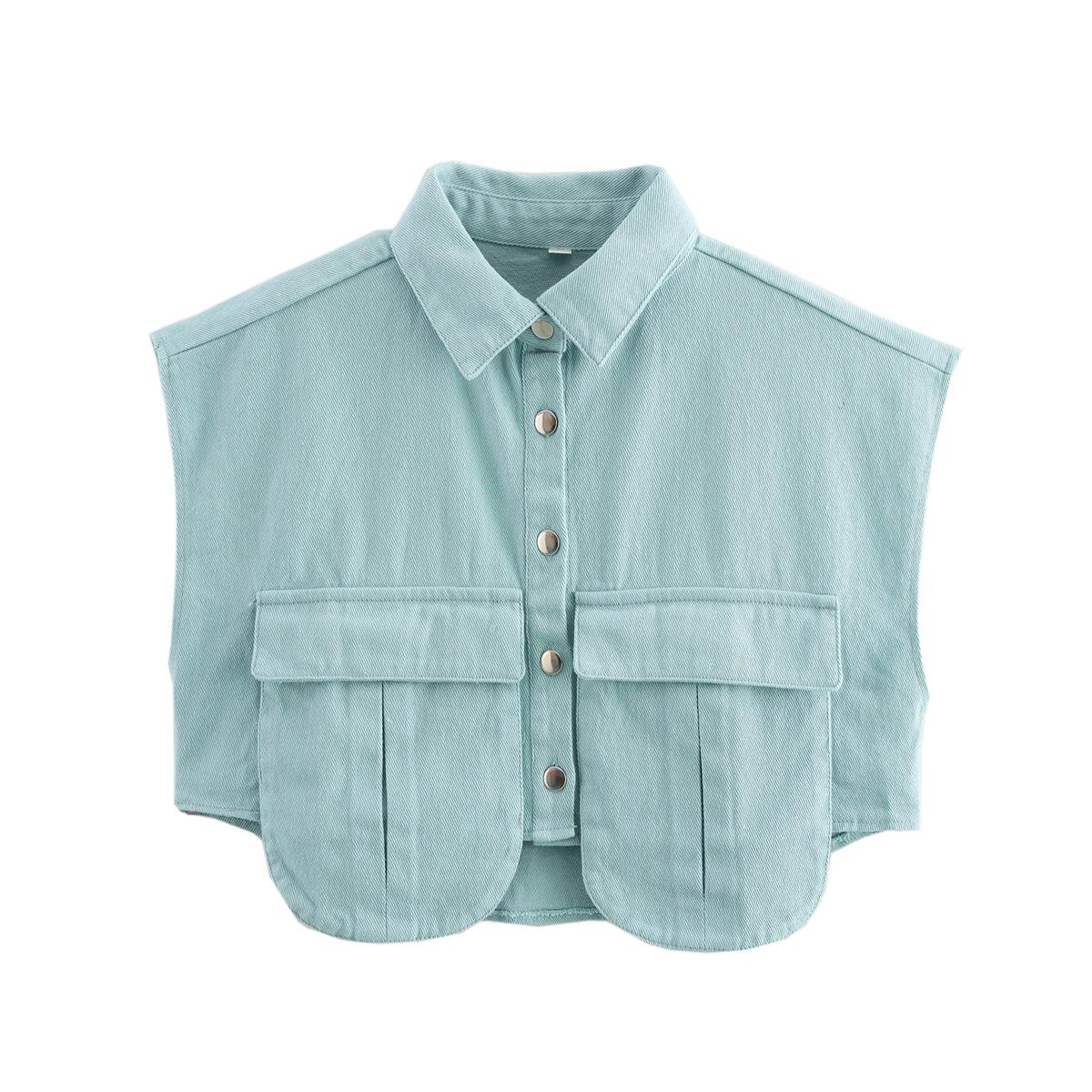 

Women s Sleeveless Cardigan: Plain Color, Large Pockets, Polo Collar, Denim Top, High-Quality Feel Small озеро синього кольору