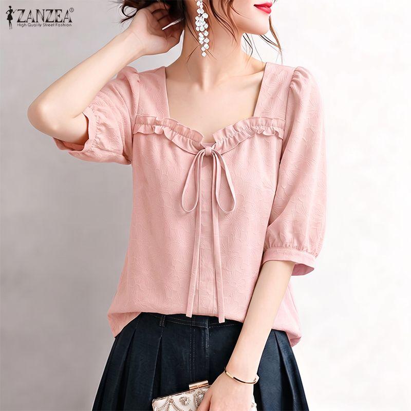 ZANZEA Women Elegant Casual Square Collar Summer Half Sleeve Blouse