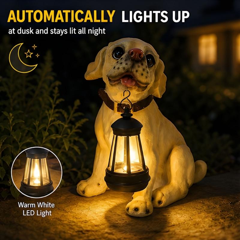 Porch Dog Statue with Hanging Light Garden Figure for Lawn Edge, Flower Row and Entry Display