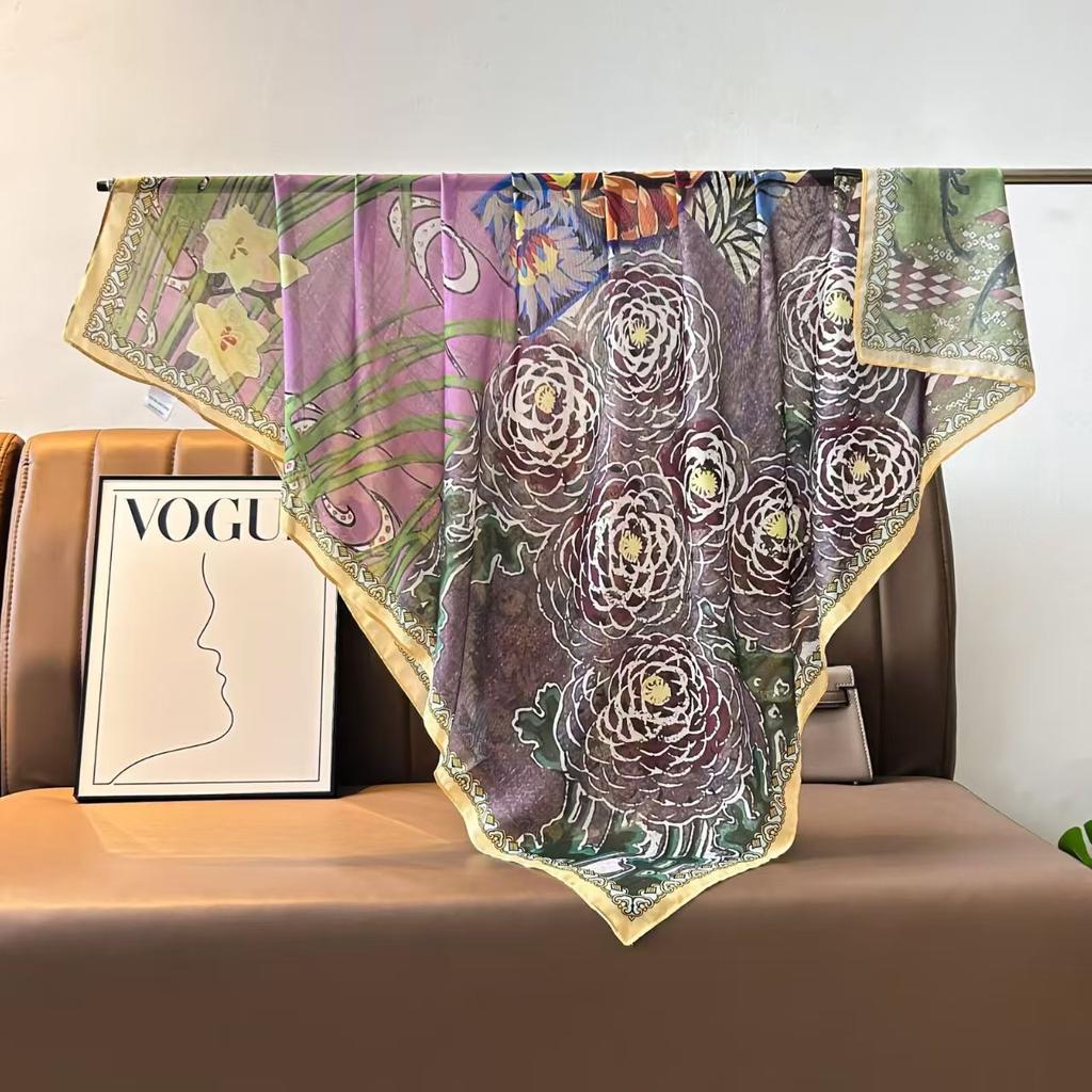 Tencel Cotton Blended 110 * 110 Silk Scarf Chinese Square Scarf Versatile Scarf Neck Protection Scarf Spring Flower Series