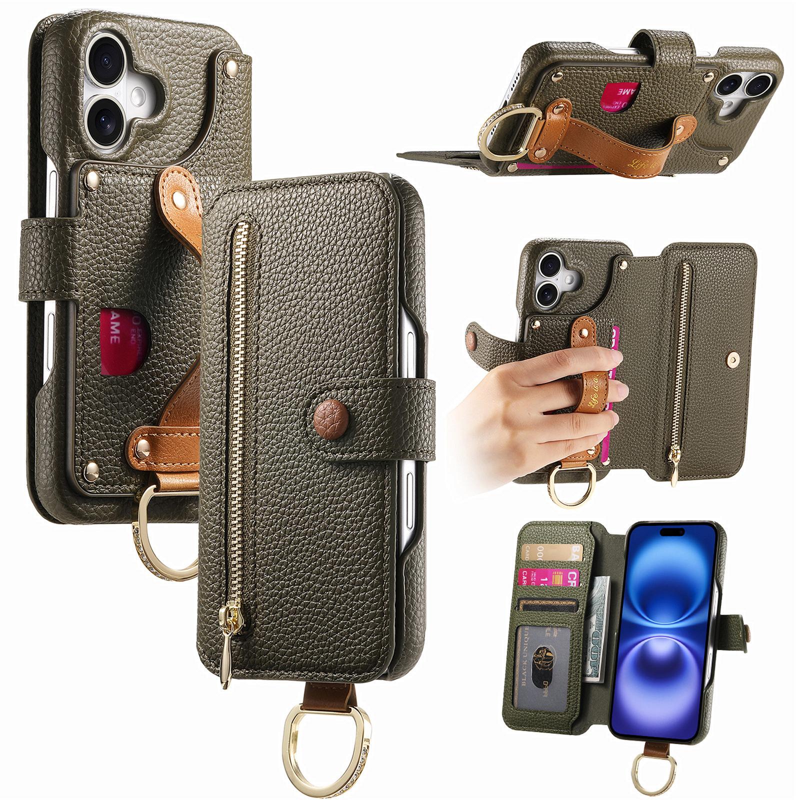 

Чохол для iPhone 16 Plus, шкіряний чохол для мобільного телефону із блокуванням RFID на блискавці Green