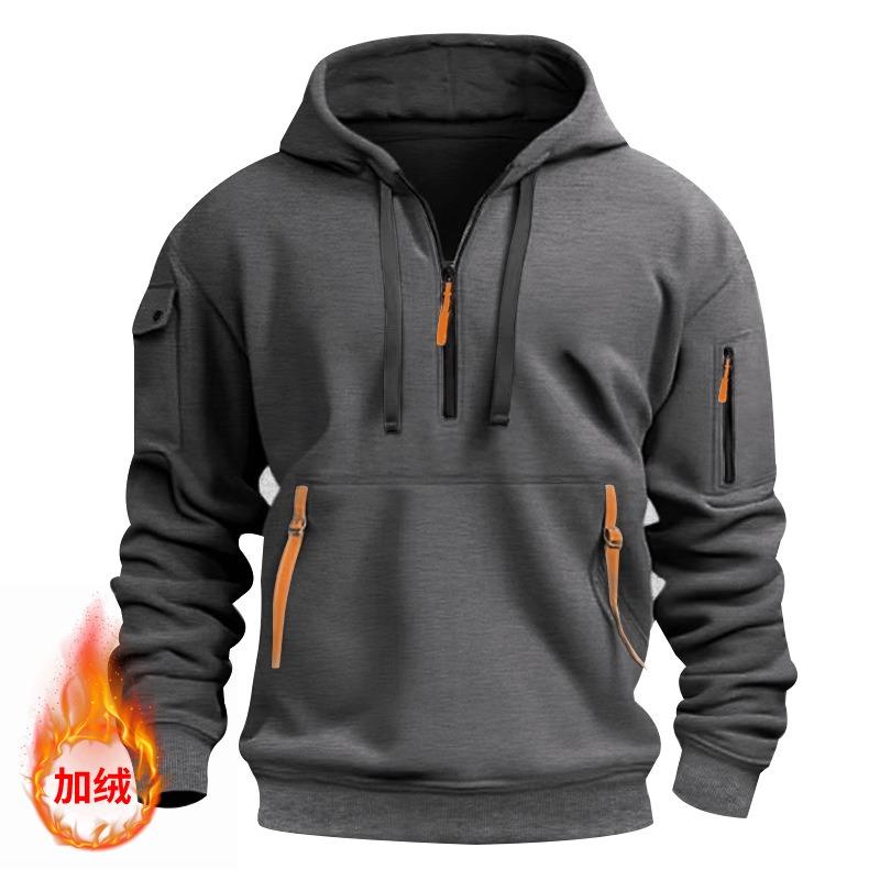 Autumn Winter Pullover Men's Casual Multi Zipper Arm Pocket Hoodie Pullover Plus Fleece Hoodie Men's