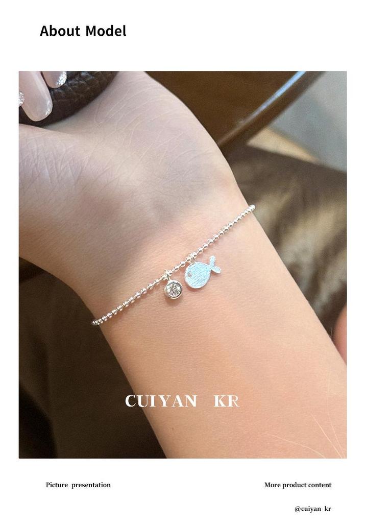 Cui Yan S925 Sterling Silver Korean Fish Round Diamond Bracelet – Women's Stackable Plain Silver Jewelry, Best Friend Gift.