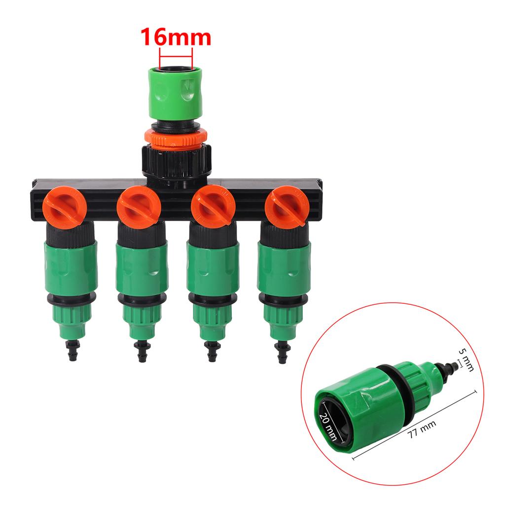 4-Way Independent Valve Hose Splitter DN16mm Inlet 1/2" Pipe 4/7mm Outlet Water Switch Garden Greenhouse Irrigation Fitting 1set