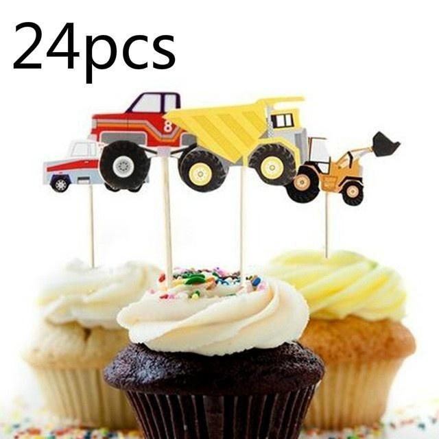 24ks Kreslené auto nákladní auto Bagry Cupcake Toppery Vybírátko dítě chlapec Narozeninová oslava svatební dort vlajka Dekorace Potřeby Dětský dárek