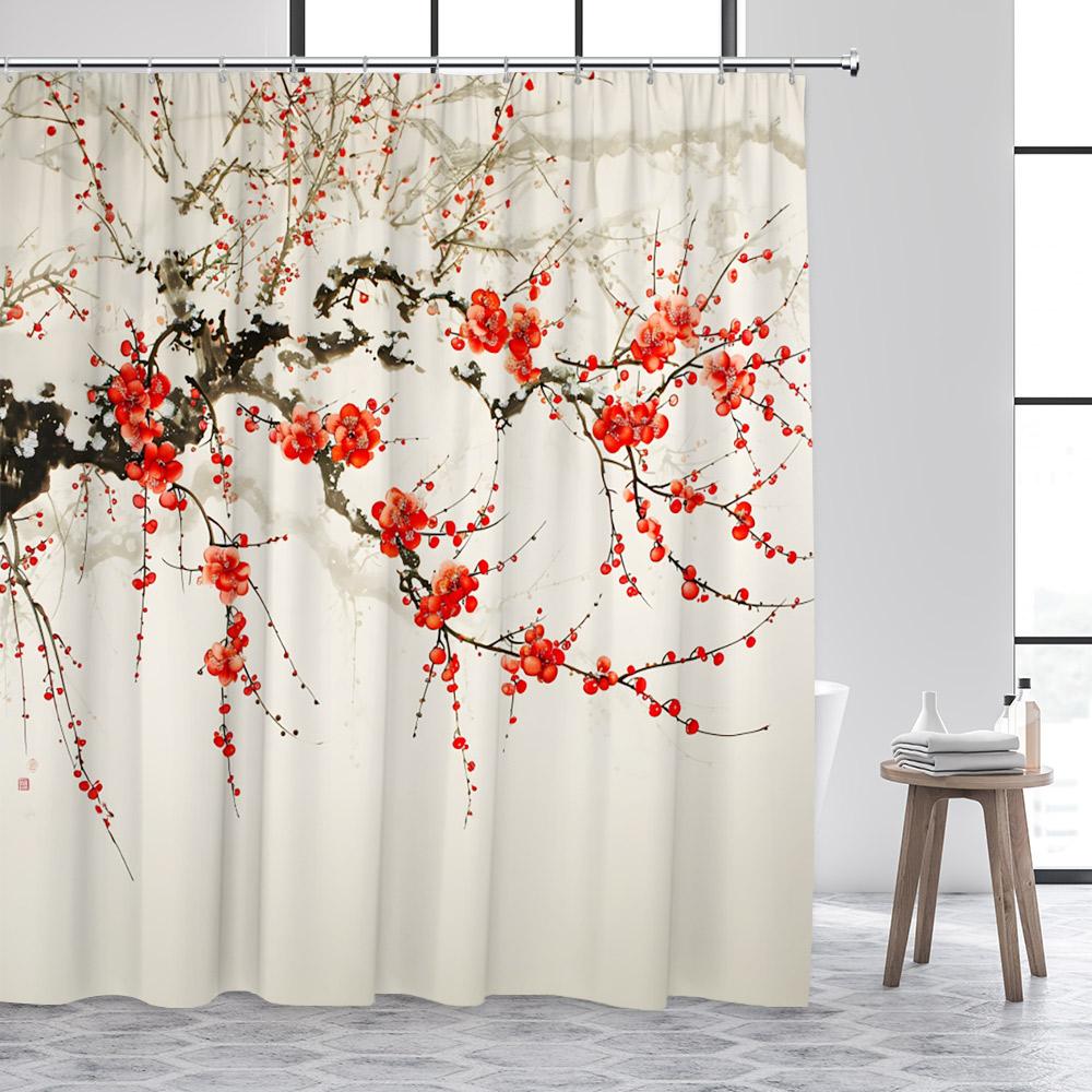 Japanese Landscape Shower Curtains Abstract Mountain Pink Cherry Blossom Floral Bird Pavilion Asian Art Bathroom Curtain Decor