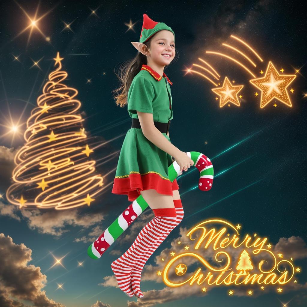 Santa Claus Kids Christmas Santa Kids Santa Spirit Cute Green Santa Halloween Sizes Set Elf Christmas Polka Dot 1 Red Hand 1 Green Hand [Tumao]