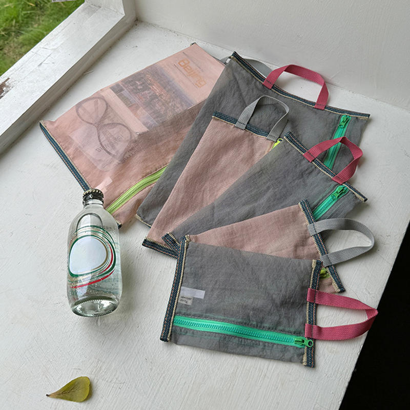 Translucent Mesh Storage Bag Portable Zipper Handbag Functional Cosmetic Pouch Pencil Case Documents Paper Organizer