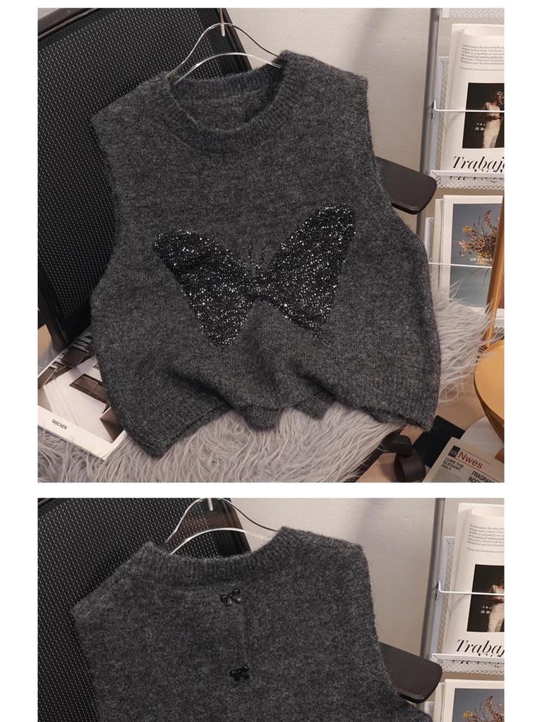 High-End Knit Sleeveless Sweater Vest with Butterfly Sequins and Back Slit