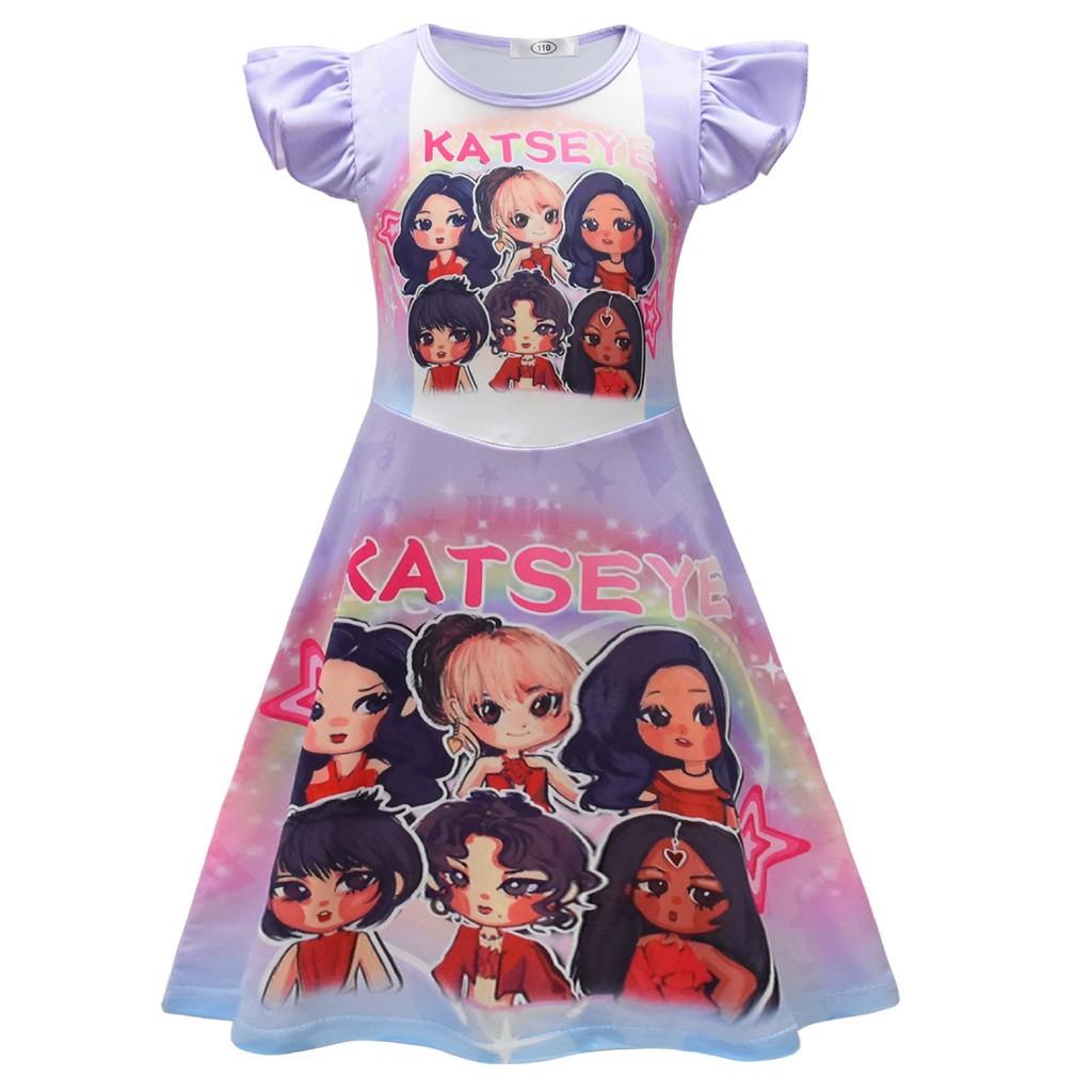 26261 Children Girls KATSEYE Printed Ruffle Casual Dress 110cm фиолетовый