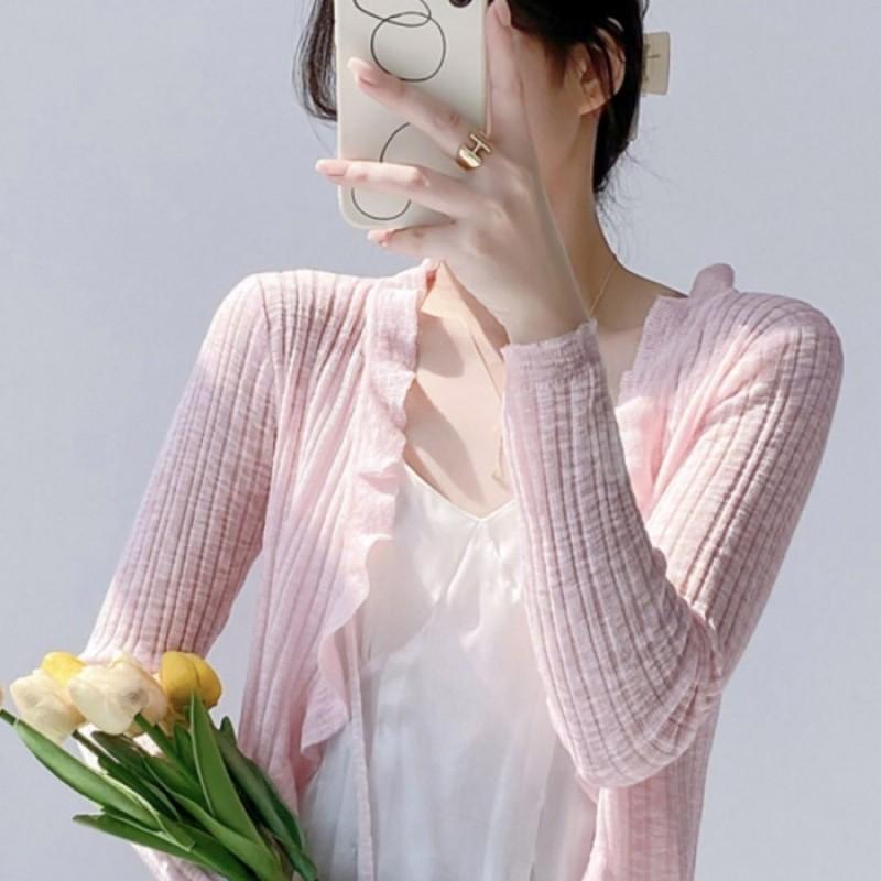 Ruffled Lace Ice Silk Sweater Sun-proof Cardigan Thin Women's Small Shawl Coat Sweet Spicy Outer Blouse