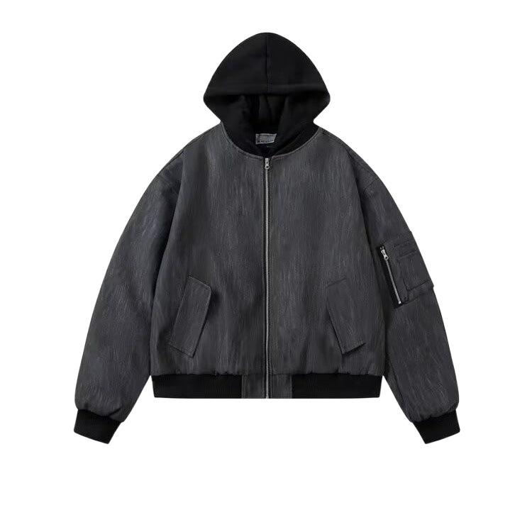 American retro tooling jacket men's spring and autumn new design fake two-piece hooded leather jacket top
