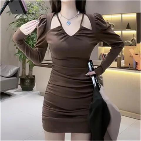 Dress women's spring and autumn new design pleated sexy skirt V-neck pure desire Spice girl hip skirt