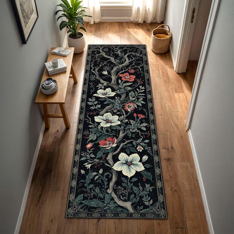 Traditional Koi Fish Lotus Flower Runner Rug Zen Style Home Decor Non-Slip Floor Mat Oriental Ethnic Carpet for Entryway