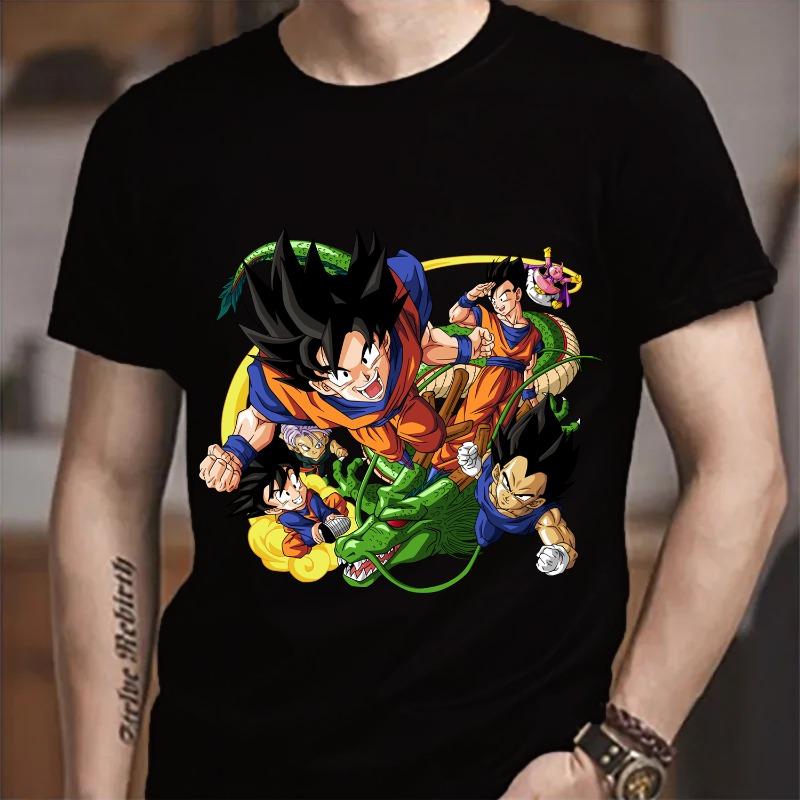 Camiseta Dragon Ball Goku Moda para Homem Adulto Roupas de Anime Unissex Gola Redonda Manga Curta Moda Preta Algodão Camiseta Top Presente