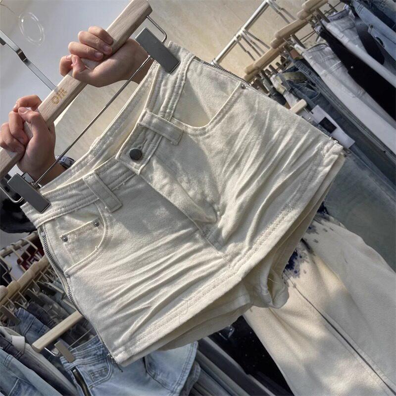 Gonna corta di jeans bianca alla moda: Dimagrante, Versatile, Zip Laterale, Caratteristica Anti-Esposizione