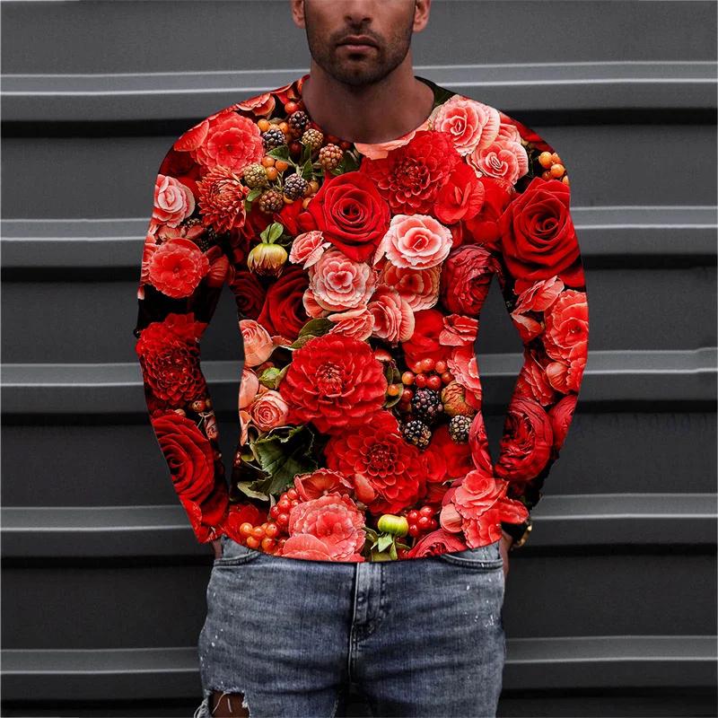 Spring and Autumn Round Neck Flower Pattern 3D Printed Top Fashionable Casual Long Sleeved Men's T-shirts