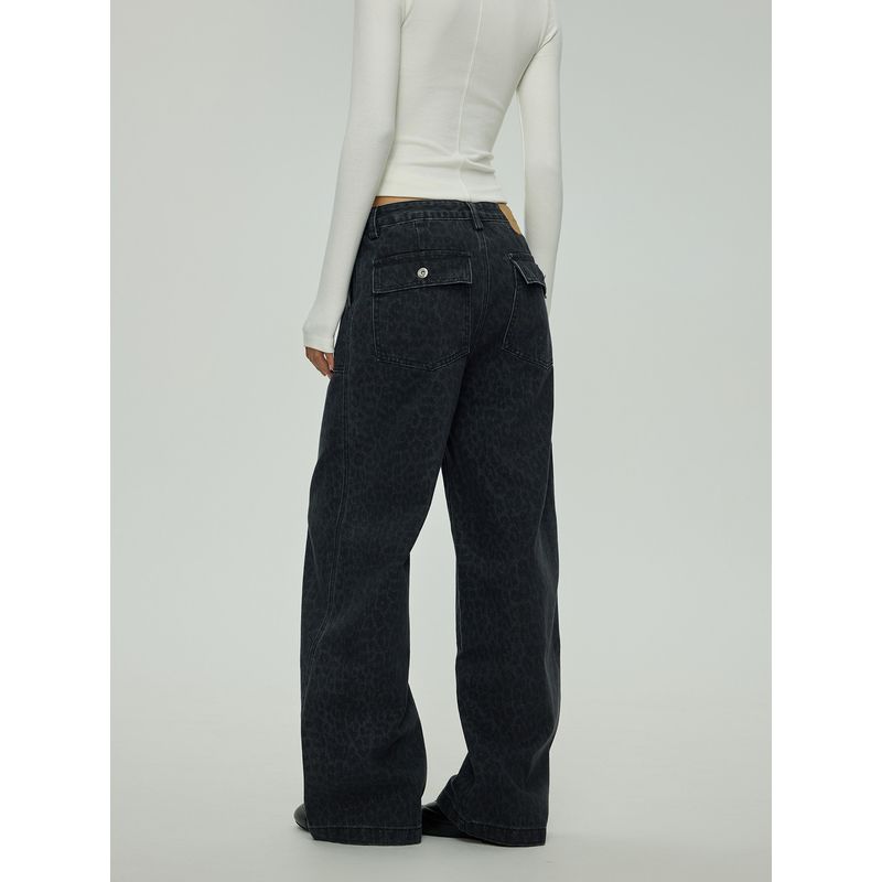 Black of Exit High Street Jeans Washed and Distressed Denim Trendy Brand Loose Casual American Straight-Leg Pants