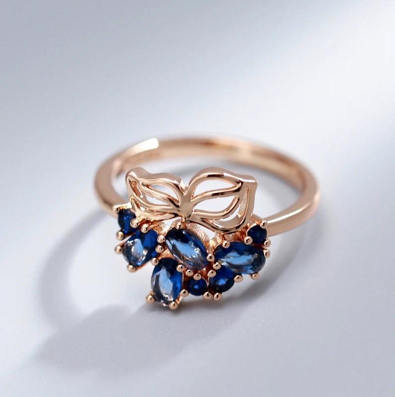 Blue Natural Zircon Ring For Women Luxury  Rose Gold Color Crystal Flower Bride Party Accessories Vintage Jewelry