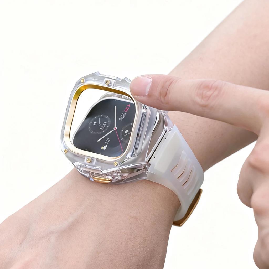 Prabangus modifikacijų rinkinys Apple watch Ultra 3/2/1 49mm Sportinis guminis dirželis+Dėklas Iwatch ultra 49mm Skaidrus Glacier dėklas Modifikavimo rinkinys