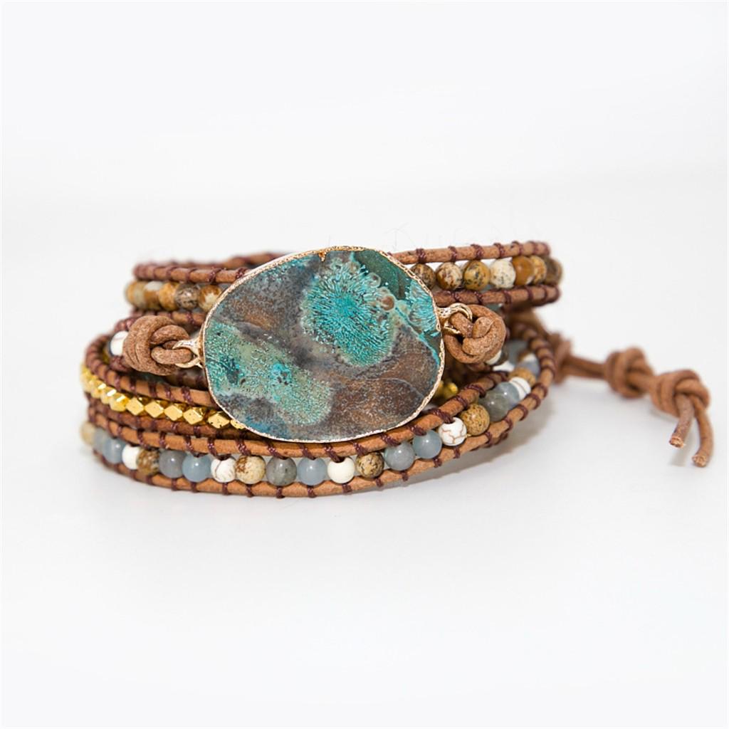 Ocean Stone Beaded Bohemian Wrap Leather  Jasper Bracelet Bangle Gift