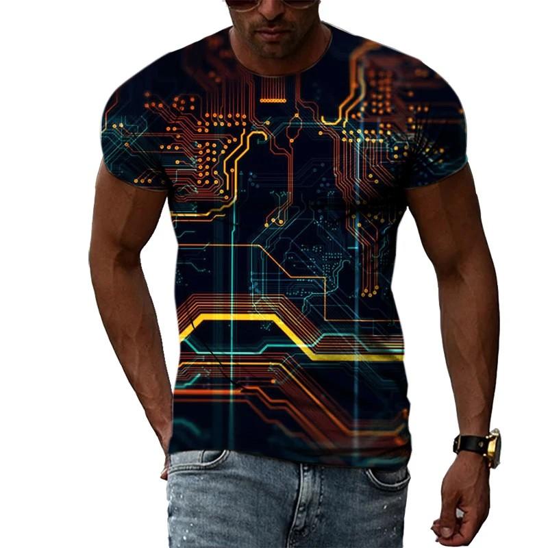 Summer Round Neck 3D Circuit Board Print T-shirts Fashionable Casual Short Sleeved Men's T-shirts