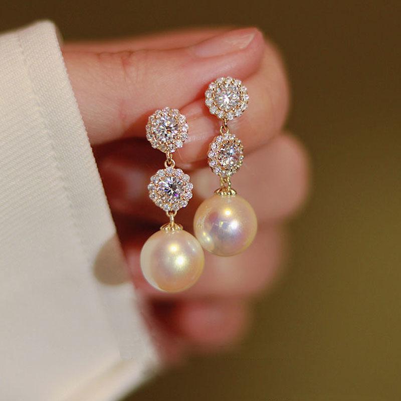 New Design Sweet Rhinestone Flower Stud Earrings For Women Elegant Imitation Pearl Crystal Zircon Earring Korean Party Zircon