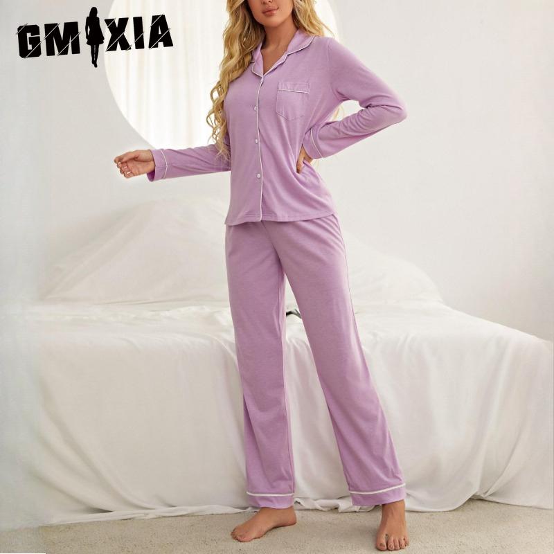 

GMXIA Пижама женская осенне-зимняя однотонная с длинным рукавом, кардиган, брюки, можно носить вне дома, домашняя одежда XL фиолетовый