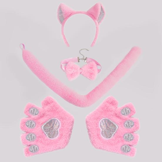 1 set Set de mănuși de pisică pentru cosplay cu coadă cu papion și bentiță reglabilă pentru cap moale de pluș de Halloween Accesorii de performanță pentru expoziții de benzi desenate Accesorii pentru ședințe foto